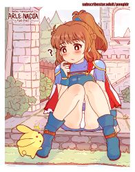 1girl arle_nadja armor ass bare_legs blush boots border brown_hair cape carbuncle_(puyopuyo) castle clothes_lift clueless english_text forest gloves hair_ornament legs long_hair madou_monogatari miniskirt nature outdoors panties pongldr ponytail puyopuyo ruins self-upload size_difference skirt skirt_lift solo_focus spread_legs thighs underwear white_border white_panties