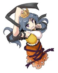 1girl arm_up black_ribbon blue_hair breasts chirizuka_ubame clenched_hand crown dairi double-parted_bangs dress fossilized_wonders frilled_skirt frills from_above full_body grin headpiece long_hair midriff_peek multicolored_dress nipples orange_skirt outstretched_arm purple_eyes purple_ribbon ribbon skirt smile solo sparkling_eyes tachi-e touhou