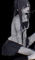 1girl akai_ringo_(eveyuno) black_background black_hair hair_ribbon high_ponytail highres looking_at_another neck_ribbon original pleated_skirt ponytail ribbon saliva saliva_trail sitting skirt