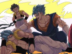 3boys baggy_pants beach black_eyes black_footwear black_hair blue_eyes blue_hair blue_pants blue_sash child cropped_vest dougi dragon_ball dragon_ball_super earrings eye_contact father_and_son glasses gloves gogeta gotenks highres jewelry legband looking_at_another metamoran_vest multicolored_hair multiple_boys muscular muscular_male orange_shirt pants piked_hair pk25o potara_earrings purple_hair saiyan sash shirt short_sleeves spiked_hair super_saiyan super_saiyan_blue vegetto vest white_gloves white_pants wristband