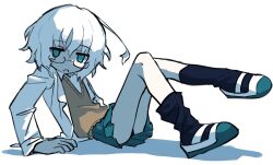 1girl ahoge black_socks blue_eyes blue_skirt brown_sweater coat collared_shirt foot_up full_body glasses highres kagaku_chop knees_up lab_coat long_legs long_sleeves looking_at_viewer loose_socks miniskirt no_pupils open_clothes open_coat open_mouth pleated_skirt school_uniform shirt shoes short_hair simple_background sitting skirt socks solo suzuzono_sai sweater ueki_(ueki056) uwabaki white_background white_hair white_shirt