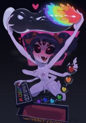 Rule 34 | 1girl, anal beads, arthropod girl, black background, black hair, black sclera, blush, bow, box, breasts, colored sclera, colored skin, dildo, extra arms, extra eyes, fangs, fingering, from above, grabbing own breast, hair bow, happy, heart, heart-shaped pupils, heavy breathing, highres, holding, huffslove, human souls (undertale), insect girl, looking up, masturbation, medium breasts, muffet, navel, nipple stimulation, nipple tweak, nipples, nude, open mouth, polka dot, polka dot background, purple skin, pussy juice, pussy juice puddle, rainbow order, sex toy, sitting, smile, spider girl, sweat, symbol-shaped pupils, thighs, twintails, uncensored, undertale, wariza