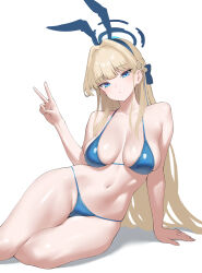 1girl animal_ears bikini blonde_hair blue_archive blue_bikini blue_eyes blue_halo breasts commentary_request fake_animal_ears halo highres long_hair looking_at_viewer mahou_kyuuri medium_breasts rabbit_ears simple_background sitting solo swimsuit toki_(blue_archive) toki_(bunny)_(blue_archive) v white_background