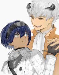 Rule 34 | 2boys, arm up, ascot, belt, black belt, black gloves, blue hair, chest belt, closed mouth, coat, collared coat, collared shirt, commentary request, dark-skinned male, dark blue hair, dark skin, eye contact, gloves, grey eyes, hair between eyes, hairband, heterochromia, highres, holding hands, horns, long sleeves, looking at another, male focus, metal hairband, metaphor: refantazio, multiple boys, open mouth, patterned clothing, popped collar, protagonist (metaphor: refantazio), samerkgk, shirt, simple background, smile, strohl (metaphor: refantazio), teeth, upper body, white ascot, white background, white coat, white hair, white shirt, wing collar, yaoi, yellow coat