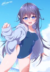1girl ahoge black_hair blue_eyes blue_jacket blue_one-piece_swimsuit blue_sky breasts cloud commentary_request competition_school_swimsuit cowboy_shot day dutch_angle hamiyun highleg highleg_one-piece_swimsuit horizon jacket noripro ocean one-piece_swimsuit open_clothes open_jacket open_mouth outdoors school_swimsuit sky small_breasts smile solo swimsuit virtual_youtuber washu_asuka water