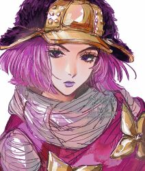 Rule 34 | 1girl, 756zl, black helmet, closed mouth, clothing cutout, dress, flower ornament, gold flower, grey scarf, grey shirt, helmet, highres, hot pants (sbr), jojo no kimyou na bouken, looking at viewer, makeup, pink dress, pink hair, pink lips, portrait, purple lips, scarf, shirt, short hair, shoulder cutout, solo, steel ball run, white background
