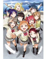 6+girls ahoge aqua_eyes arm_up artbook black_hair black_pantyhose black_socks blonde_hair blue_eyes blue_hair blunt_bangs bow bowtie braid brown_hair day feathers grey_hair grey_skirt grin hair_bow hair_bun hair_ornament hairclip hand_on_own_knee highres kneehighs kunikida_hanamaru kurosawa_dia kurosawa_ruby leaning_forward loafers long_hair looking_at_viewer love_live! love_live!_sunshine!! matsuura_kanan miniskirt mole mole_under_mouth multiple_girls non-web_source ocean official_art ohara_mari one_eye_closed open_mouth orange_bow orange_hair outdoors pantyhose pleated_skirt ponytail purple_eyes purple_hair red_bow red_bowtie red_eyes red_hair sakurauchi_riko salute school_uniform serafuku shoes short_hair single_hair_bun skirt smile socks standing takami_chika tsushima_yoshiko twintails two_side_up uranohoshi_school_uniform v watanabe_you white_feathers winter_uniform yellow_bow yellow_eyes
