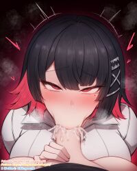 2girls :&gt;= belle_(zenless_zone_zero) black_hair blush breasts bright_pupils censored colored_inner_hair commentary_request cum cum_in_mouth cum_on_body cum_on_penis ellen_joe ellen_joe_(on_campus) fellatio futa_with_female futanari hair_ornament hand_on_another&#039;s_crotch heart highres large_breasts looking_at_viewer mole mole_under_eye mosaic_censoring multicolored_hair multiple_girls multiple_moles oral penis pov pov_crotch razor_blade_hair_ornament red_background red_eyes red_hair rikuguma rolling_eyes shirt short_hair steam swept_bangs twitching two-tone_hair white_pupils white_shirt x_hair_ornament zenless_zone_zero