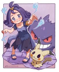 Rule 34 | 1girl, :3, acerola (pokemon), armlet, beachepisode, border, closed mouth, collarbone, commentary, dress, flipped hair, gen 1 pokemon, gen 7 pokemon, gengar, hair ornament, hairclip, highres, jewelry, mimikyu, nintendo, outside border, pigeon-toed, pokemon, pokemon (creature), pokemon sm, purple hair, short sleeves, smile, split mouth, standing, toes, topknot, torn clothes, torn dress, white border