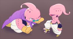 2boys antennae aqua_mouth arms_up black_bracer black_sclera black_vest boots bracer brown_background candy cape chibi chibi_only clenched_hands closed_eyes closed_mouth collarbone colored_sclera colored_skin commentary crushing crushing_food crying crying_with_eyes_open dragon_ball dragonball_z dual_persona fat fat_buu fat_man food food_on_floor full_body gloves gold_buckle gold_trim hole_on_body kid_buu lollipop looking_at_another majin_buu male_focus multiple_boys navel no_eyebrows open_mouth pants pectorals pink_skin purple_cape red_eyes shirtless_male simple_background tears topless_male vest white_pants yellow_boots yellow_gloves