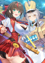 2girls ass black_panties blush breasts brown_hair cleavage from_behind green_eyes grey_hair hair_between_eyes hair_ribbon hat highres large_breasts long_hair looking_at_viewer looking_back miniskirt multicolored_hair multiple_girls official_art open_mouth panties plaid_clothes plaid_skirt red_hair red_ribbon ribbon second-party_source shiny_skin short_hair skirt smile standing streaked_hair takamine_nadare underwear v valkyrie_tune yellow_eyes