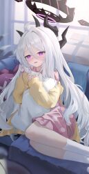 Rule 34 | 1girl, absurdres, ahoge, black halo, blue archive, halo, highres, hina (blue archive), hina (pajamas) (blue archive), indoors, jacket, long hair, mixian, pajamas, pink pajamas, polka dot, polka dot pajamas, purple eyes, solo, very long hair, white hair, yellow jacket