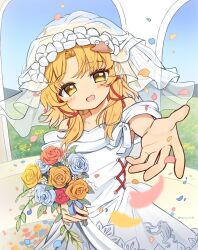 Rule 34 | 1girl, :d, alternate costume, animal print, bare shoulders, bouquet, bridal veil, collarbone, commentary request, commission, cowboy shot, dress, falling petals, flower, frog print, hair ribbon, highres, holding, holding bouquet, looking at viewer, medium hair, moriya suwako, off-shoulder dress, off shoulder, open mouth, orange flower, orange rose, outstretched arms, parted bangs, petals, ramudia (lamyun), reaching, reaching towards viewer, red flower, red ribbon, red rose, ribbon, rose, skeb commission, smile, solo, touhou, tress ribbon, veil, wedding dress, white dress, white flower, white rose, yellow flower, yellow rose
