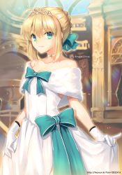 1girl ahoge artoria_pendragon_(fate) bad_id bad_pixiv_id blonde_hair bow breasts choker cleavage dress fate/grand_order fate_(series) female_focus gloves green_eyes hair_bow official_alternate_costume pinky_out rainbow saber_(fate) saber_(formal_dress)_(fate) smile solo tiara trianon watermark web_address white_dress white_gloves
