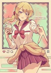 Rule 34 | 1girl, alternate costume, alternate hairstyle, blonde hair, blue eyes, breasts, cleavage, darjeeling (girls und panzer), girls und panzer, highres, large breasts, looking at viewer, parted lips, pleated skirt, red skirt, s1567 ykmr, short hair, skirt, solo, v, watermark