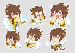 Rule 34 | !, !!, :d, :t, ahoge, androgynous, armlet, belt, blue eyes, blush stickers, border, brown hair, chibi, chibi only, closed mouth, dot mouth, dot nose, multiple expressions, gold armlet, hands on own cheeks, hands on own face, heart, highres, holding, holding sword, holding weapon, jewelry, kid icarus, kid icarus uprising, ko iwari ngo, laurel crown, multiple swords, nintendo, no nose, open mouth, pit (kid icarus), puff of air, sidelocks, small sweatdrop, smile, sparkle, spiked hair, sword, translation request, weapon, white border, white wings, wide-eyed, wings