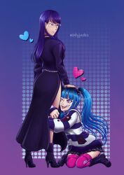 2girls amemiya_darumi black_bow black_dress black_hair black_skirt blue_hair blue_shirt blue_stripes boots bow closed_mouth diamond_(shape) dress female_focus full_body glasses hair_between_eyes hand_on_another&#039;s_head heart high_heel_boots high_heels highres long_hair long_sleeves makeup multiple_girls one_eye_closed open_mouth petting pink_background pink_eyes pink_thighhighs pleated_skirt purple_hair red_eyes runny_makeup safety_pin shirt shizuhara_hiruko simple_background skirt smile striped_clothes striped_shirt the_hundred_line_-last_defense_academy- thighhighs tongue tongue_out twintails white_background white_shirt white_stripes yuri