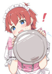 Rule 34 | !, 1girl, apron, blue eyes, commentary request, dress, embarrassed, frilled wrist cuffs, frills, holding, holding plate, idolmaster, idolmaster million live!, julia (idolmaster), kuresuku (lessons), maid, maid headdress, open mouth, pink dress, plate, pretty waitress (idolmaster), puffy short sleeves, puffy sleeves, red hair, short hair, short sleeves, solo, upper body, v-shaped eyebrows, white apron, white background, white sleeves, white wrist cuffs, wrist cuffs