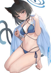Rule 34 | 1girl, animal ear fluff, animal ears, arm ribbon, bare legs, barefoot, bikini, black choker, black eyes, black hair, black nails, blue archive, blue bikini, blue halo, blue haori, blue ribbon, breasts, bright pupils, cat ears, cat girl, cat tail, choker, closed mouth, collarbone, criss-cross halter, deca purio, eyelashes, flower, flower bikini, full body, gradient tail, hair between eyes, halo, halterneck, hands up, haori, highres, japanese clothes, kikyou (blue archive), kikyou (swimsuit) (blue archive), kneeling, light frown, looking at viewer, medium breasts, multi-strapped bikini bottom, multi-strapped bikini top, multiple tails, nail polish, navel, official alternate costume, ribbon, short hair, side-tie bikini bottom, simple background, skindentation, solo, stomach, straight hair, swimsuit, tail, tail raised, thighs, tiptoes, toenail polish, toenails, toes, two tails, white background, white flower, white pupils