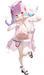 1girl ahoge animal_ears bikini black_sandals blue_hair blue_nails blush bow braid breasts cat_ears cat_tail cleavage closed_mouth collarbone colored_inner_hair commentary_request fingernails frilled_anklet frilled_bikini frills full_body groin hair_bow hairband highres hololive huge_breasts jacket light_blue_hair long_hair looking_at_viewer minato_aqua multicolored_hair nail_polish navel open_clothes open_jacket pink_bikini pink_eyes pink_hair pink_jacket pom_pom_(clothes) revision saki_(saki_paint) sandals shy simple_background solo standing standing_on_one_leg stomach streaked_hair striped_bikini striped_clothes swimsuit tail thighs tiptoes toenail_polish toenails toes twin_braids twintails two-tone_hair virtual_youtuber w white_background white_bow white_hairband
