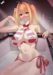 1girl ahoge bare_shoulders bathtub bead_bracelet beads bikini blonde_hair blush bracelet breasts cleavage collarbone criss-cross_halter earrings fate/grand_order fate_(series) green_eyes hair_intakes halterneck highres jewelry kurozawa_yui large_breasts long_hair looking_at_viewer nail_polish navel nero_claudius_(fate) nero_claudius_(swimsuit_caster)_(fate) red_bikini smile solo striped_bikini striped_clothes swimsuit thighs twintails wet
