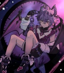 1boy ahoge analogous_colors arm_up backlighting bare_legs black_gloves black_shorts boots bright_pupils closed_mouth crossed_bangs detached_sleeves feet_out_of_frame floating fold-over_boots genshin_impact gloves gradient_background hand_on_lap highres holding lapels looking_at_object male_focus midair mini_durin_(genshin_impact) mini_durin_(human)_(genshin_impact) pink_eyes purple_hair purple_vest scarawhoche short_hair shorts sidelocks solo star_(symbol) vest white_pupils white_sleeves wings
