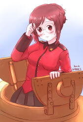 Rule 34 | 1girl, black skirt, blush, breasts, brown eyes, brown hair, girls und panzer, glasses, hand on own head, hatch, highres, jacket, kyo k, long sleeves, military vehicle, motor vehicle, nilgiri (girls und panzer), pleated skirt, red jacket, round eyewear, skirt, st. gloriana&#039;s military uniform, tank
