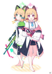 Rule 34 | 2girls, :d, animal ears, back-to-back, bare legs, barefoot, battle rifle, black shorts, black skirt, blonde hair, blue archive, blue bow, blue necktie, blunt bangs, blush, bow, cat ears, checkered floor, closed mouth, coat, collared shirt, commentary, eyelashes, fake animal ears, feet, full body, green eyes, green halo, gun, h&amp;k g3, h&amp;k psg1, hair bow, halo, heel up, highres, holding, holding gun, holding weapon, legs, long sleeves, looking at viewer, medium hair, midori (blue archive), miniskirt, momoi (blue archive), multicolored clothes, multiple girls, necktie, open clothes, open coat, open mouth, pink eyes, pink halo, pleated skirt, red bow, rifle, school uniform, shirt, shorts, siblings, signature, simple background, sisters, skirt, smile, sniper rifle, soles, standing, teeth, toenails, toes, upper teeth only, weapon, white background, wide sleeves, yashi (hayashiki0404)