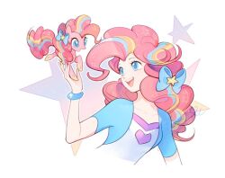 Rule 34 | 1girl, :d, alternate skin color, animal, blonde hair, blue bow, blue eyes, blue hair, blue jacket, bow, bracelet, breasts, collarbone, commentary, cropped torso, curly hair, dual persona, english commentary, hair bow, hand up, heart, heart print, jacket, jewelry, long hair, looking at animal, looking at another, mio (jian wei), multicolored hair, my little pony, my little pony: equestria girls, my little pony: friendship is magic, official alternate hair color, open clothes, open jacket, open mouth, orange hair, outline, pink hair, pink tail, pinkie pie, pinkie pie (equestria girls), pony (animal), purple trim, shirt, short-sleeved jacket, short sleeves, simple background, small breasts, smile, star (symbol), streaked hair, turning head, white background, white outline, white shirt