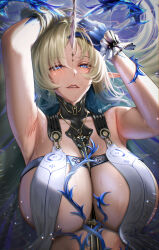 1girl absurdres armpits arms_up artist_name bare_shoulders biting_own_lip black_collar blonde_hair blue_eyes blue_hair breast_curtains breasts collar colored_inner_hair commentary english_commentary fleurdelys_(wuthering_waves) hand_on_own_head hands_in_own_hair highres horns huge_breasts jewelry kenn_artz long_hair looking_at_viewer multicolored_hair necklace pointy_ears presenting_armpit single_horn solo sweat tacet_mark_(wuthering_waves) upper_body very_long_hair wet wuthering_waves yellow_horns