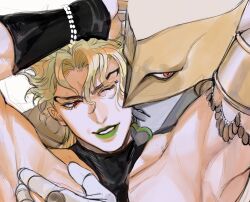 Rule 34 | 1boy, 1other, armlet, armpits, arms up, black gloves, blonde hair, bracelet, bustersiri, colored skin, curtained hair, dio brando, eyelashes, gloves, green lips, grey skin, hand on another&#039;s chest, jewelry, jojo no kimyou na bouken, lipstick, looking to the side, makeup, male focus, multiple boys, one eye closed, parted lips, red eyes, sideways glance, simple background, smile, stand (jojo), stardust crusaders, teeth, the world, upper body, wavy hair, white background