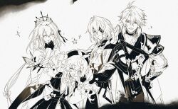 2boys 2girls anaxa_(honkai:_star_rail) castorice_(honkai:_star_rail) closed_eyes eyepatch grin highres honkai:_star_rail honkai_(series) hyacine_(honkai:_star_rail) medium_hair monochrome multiple_boys multiple_girls one_eye_closed one_eye_covered phainon_(honkai:_star_rail) renjian_shilian short_hair side_ponytail sketch smile teeth twintails
