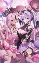 Rule 34 | 2girls, absurdres, ahoge, armpit crease, asymmetrical legwear, balloon, bandaid, bare shoulders, belt buckle, belt collar, black hair, black sleeves, black streaks, black thighhighs, black wings, bone, bow, breasts, buckle, cake, candle, candlestand, choker, cleavage, cleavage cutout, closed mouth, clothing cutout, collar, commentary, crossed bangs, dagger, detached sleeves, double-parted bangs, english commentary, fang, fingernails, fishnet thighhighs, fishnets, food, garter straps, gift, hair between eyes, hair bow, hair ornament, heart, heart choker, heterochromia, highres, holding, holding dagger, holding knife, holding scythe, holding weapon, indie virtual youtuber, knife, large breasts, long fingernails, long hair, looking at viewer, mirukugatsu, mismatched legwear, multicolored hair, multiple girls, nomu (29 nom), open mouth, pink bow, pink eyes, pink hair, pink shirt, pointy ears, purple eyes, purple hair, purple skirt, scythe, second-party source, sharp fingernails, shirt, short sleeves, single fishnet legwear, sitting, skirt, skull, smile, socks, spiked thigh strap, sprinkle hershy, sprinkles, streaked hair, stuffed toy, thighhighs, torn clothes, torn thighhighs, two-tone hair, two-tone shirt, virtual youtuber, weapon, white shirt, wings, x hair ornament