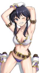 1girl anklet arm_behind_head armor armpits arms_behind_head arms_up bare_shoulders belt bikini bikini_armor black_hair blush boots bracelet breastplate breasts cleavage collarbone commentary commission commissioner_upload covered_navel english_commentary fire_emblem fire_emblem:_genealogy_of_the_holy_war gloves highres jewelry larcei_(fire_emblem) nintendo ogi_non one_eye_closed short_hair side-tie_bikini_bottom sidelocks skeb_commission smile solo stomach swimsuit thighs tomboy