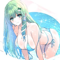 Rule 34 | 1girl, absurdres, alternate costume, bikini, blue bikini, blue hair, breasts, cleavage, closed mouth, collarbone, commentary request, frog hair ornament, gradient hair, green eyes, green hair, hair ornament, hair tubes, halterneck, highres, huge breasts, kochiya sanae, leaning forward, long hair, looking at viewer, multicolored hair, side-tie bikini bottom, single hair tube, smile, snake hair ornament, solo, string bikini, swimsuit, tomo (uguisu-tei), touhou, very long hair