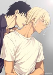 2boys akai_shuuichi amuro_tooru black_hair black_shirt blonde_hair blue_eyes blush casual collared_shirt commentary_request dark-skinned_male dark_skin from_side gradient_background grey_background hidden_face kiss kissing_neck male_focus mashima_shima meitantei_conan multiple_boys open_mouth parted_lips shirt simple_background sweat twitter_username upper_body white_shirt yaoi