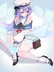 1girl absurdres bare_shoulders beret blue_hair bow colored_tips cube fei_(1042471593) galo_(warship_girls_r) gradient_hair hair_bow hair_ornament hairclip hat hat_ornament highres holographic_interface long_hair long_sleeves multicolored_hair purple_hair red_eyes red_star shoes sitting solo star_(symbol) star_hat_ornament thighhighs thighs warship_girls_r white_thighhighs yingtan_(warship_girls_r)