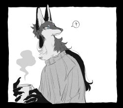1boy ? black_border blue_eyes border dog_boy drink furry furry_male grey_fur greyscale_with_colored_eyes highres holding holding_drink jewelry male_focus original ring simple_background sketch solo steaming_cup two-tone_fur white_background white_fur zumi3