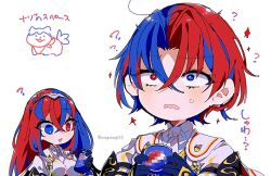 1boy 1girl ? female_alear_(fire_emblem) male_alear_(fire_emblem) blue_eyes blue_hair breasts can cape color_connection drink_can dual_persona fire_emblem fire_emblem_engage heterochromia large_breasts long_hair matching_hair/eyes mugimugis multicolored_hair nintendo pepsi red_eyes red_hair soda_can sommie_(fire_emblem) twitter_username two-tone_hair