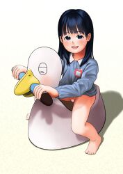 1girl animal barefoot bird black_hair blue_eyes blue_shirt blush bottomless censored duck flat_chest heart heart_censor highres kindergarten_uniform loli long_hair long_sleeves looking_at_viewer name_tag open_mouth original potty pussy shirt shoumizumaru_magamo sitting smile white_background