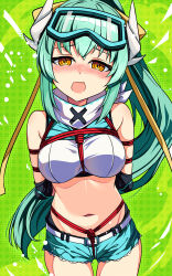 1girl aqua_hair aqua_shorts arms_behind_back bandana bdsm belt blush bondage bound bound_arms breast_bondage breasts crotch_rope dragon_girl dragon_horns elbow_pads fate/grand_order fate_(series) goggles goggles_on_head highres horns kiyohime_(fate) kiyohime_(jurassic_dream)_(fate) large_breasts long_hair looking_at_viewer micro_shorts multiple_horns navel nose_blush official_alternate_costume open_mouth ponytail red_rope rope shibari shibari_over_clothes shorts solo very_long_hair white_bandana white_belt yasume_yukito