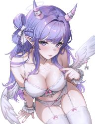 Rule 34 | 1girl, absurdres, bra, braid, breasts, chest tattoo, cleavage, collarbone, commentary, earrings, ella 7737, english commentary, feathered wings, frilled wrist cuffs, frills, from above, garter straps, hair rings, highres, horn ornament, horns, indie virtual youtuber, invisible chair, jewelry, lace, lace-trimmed bra, lace trim, large breasts, light blush, lingerie, long hair, low wings, navel, panties, parted lips, piggie01, pink lips, pink nails, pointy ears, purple eyes, purple hair, purple horns, second-party source, side braid, sidelocks, sitting, solo, tattoo, thigh gap, thighhighs, underwear, virtual youtuber, white bra, white garter, white garter straps, white panties, white thighhighs, white wings, wings, wispy bangs, wrist cuffs