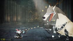 1boy altar antlers bandages battle black_cloak black_gloves blindfold bloodborne bullet cloak crossover cuphead cuphead_(game) fangs gameplay_mechanics gloves gun horns monster murasaki_saki open_mouth parody saw saw_cleaver sparkle style_parody vicar_amelia weapon