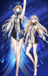 2girls absurdres anoreika_tomoe arm_up bare_legs bare_shoulders barefoot black_collar black_dress blonde_hair blue_eyes blue_hair breasts cartethyia_(wuthering_waves) closed_mouth collar colored_inner_hair commentary crown_of_thorns dress dual_persona earrings english_commentary fleurdelys_(wuthering_waves) highres holding holding_sword holding_weapon horns huge_breasts jewelry legs long_hair looking_up medium_breasts microdress multicolored_hair multiple_girls necklace pointy_ears single_horn sword tabard very_long_hair weapon white_tabard wuthering_waves yellow_horns