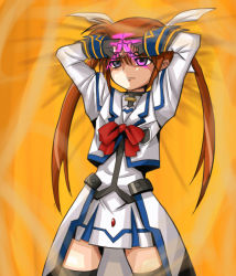 Rule 34 | 1girl, blue eyes, bow, brown eyes, brown hair, female focus, fingerless gloves, gloves, hades project zeorymer, lyrical nanoha, magical girl, mahou shoujo lyrical nanoha, mahou shoujo lyrical nanoha a&#039;s, mahou shoujo lyrical nanoha strikers, parody, purple eyes, red bow, red hair, serious, solo, takamachi nanoha, takamachi nanoha (aggressor mode), tarayama, thighhighs, twintails, waist cape, white devil, zettai ryouiki