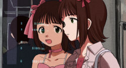 1girl amami_haruka bow choker cute_&amp;_girly_(idolmaster) different_reflection green_eyes hair_bow hair_ribbon highres idolmaster idolmaster_(classic) idolmaster_1 jacket naruse_ill parody parted_lips perfect_blue pink_shirt reflection ribbon shirt short_hair sidelocks snow_strawberry_(idolmaster) solo window