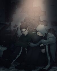 2boys absurdres afraid_of_monsters alley arm_on_knee bags_under_eyes beard_stubble black_gloves black_hair bloodshot_eyes brick_wall brown_hair cigarette closed_eyes cry_of_fear david_leatherhoff facial_hair fingerless_gloves full_body gloves green_sweater grey_hoodie gun highres holding holding_unworn_clothes hood hood_up hoodie hugging_object hugging_own_legs ju-san leaning_on_self light_particles looking_at_another medium_hair multiple_boys on_ground outdoors rifle scar scar_on_face short_hair simon_henriksson sitting smoking snow snow_on_body stubble sweater turtleneck turtleneck_sweater weapon weapon_against_wall