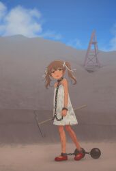 1girl :d ball_and_chain_restraint bare_shoulders bdsm blue_sky bondage bound bow brown_eyes brown_hair chain cloud collar commentary_request commission cuffs dirty dirty_clothes dress female_focus full_body hair_bow hair_ornament hair_ribbon handcuffs hill holding holding_pickaxe linked_collar lock loli looking_at_viewer mary_janes no_socks omodaka_(nitera1041) open_mouth original outdoors padlock pickaxe rags red_shoes ribbon shackles shoes skeb_commission sky slave sleeveless sleeveless_dress smile solo standing sundress sweat torn_clothes torn_dress twintails walking white_bow white_dress white_ribbon
