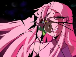 1girl alien_stage black_background broken_glass clothing_cutout commentary english_commentary floating_hair glass highres long_hair m0nacrose mizi_(alien_stage) pink_hair portrait shoulder_cutout smile solo tears yellow_eyes
