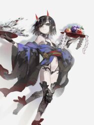 1girl absurdres alcohol ankle_ribbon apple bare_shoulders barefoot breasts collarbone cup eyeliner fate/grand_order fate_(series) food fruit grapes headpiece highres horns japanese_clothes jiuxiaoshi kimono leg_ribbon long_sleeves looking_at_viewer makeup navel obi off_shoulder oni pointy_ears purple_eyes purple_hair purple_kimono revealing_clothes ribbon sakazuki sake sash short_hair short_kimono shuten_douji_(fate) skin-covered_horns small_breasts smile solo wide_sleeves